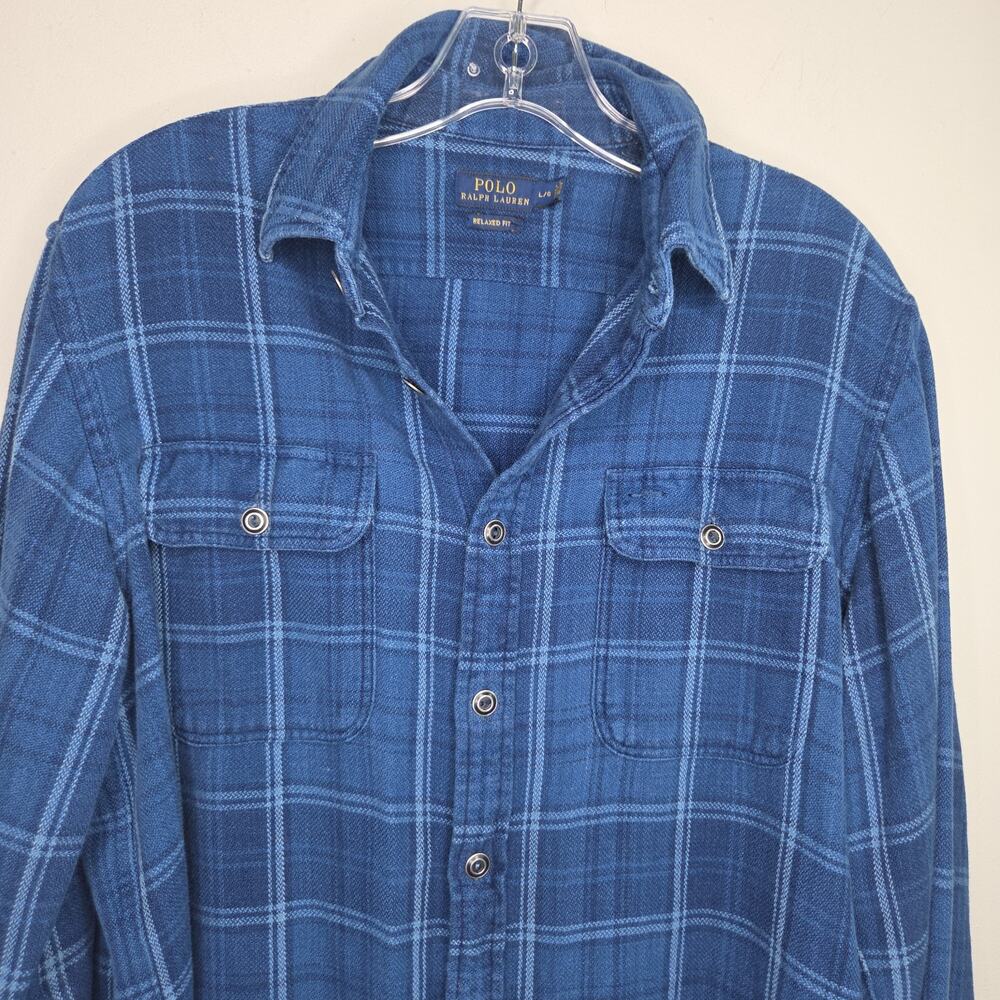 Polo Ralph Lauren Men's L Large Relaxed Fit Blue Plaid Flannel Shirt Elbow Patch